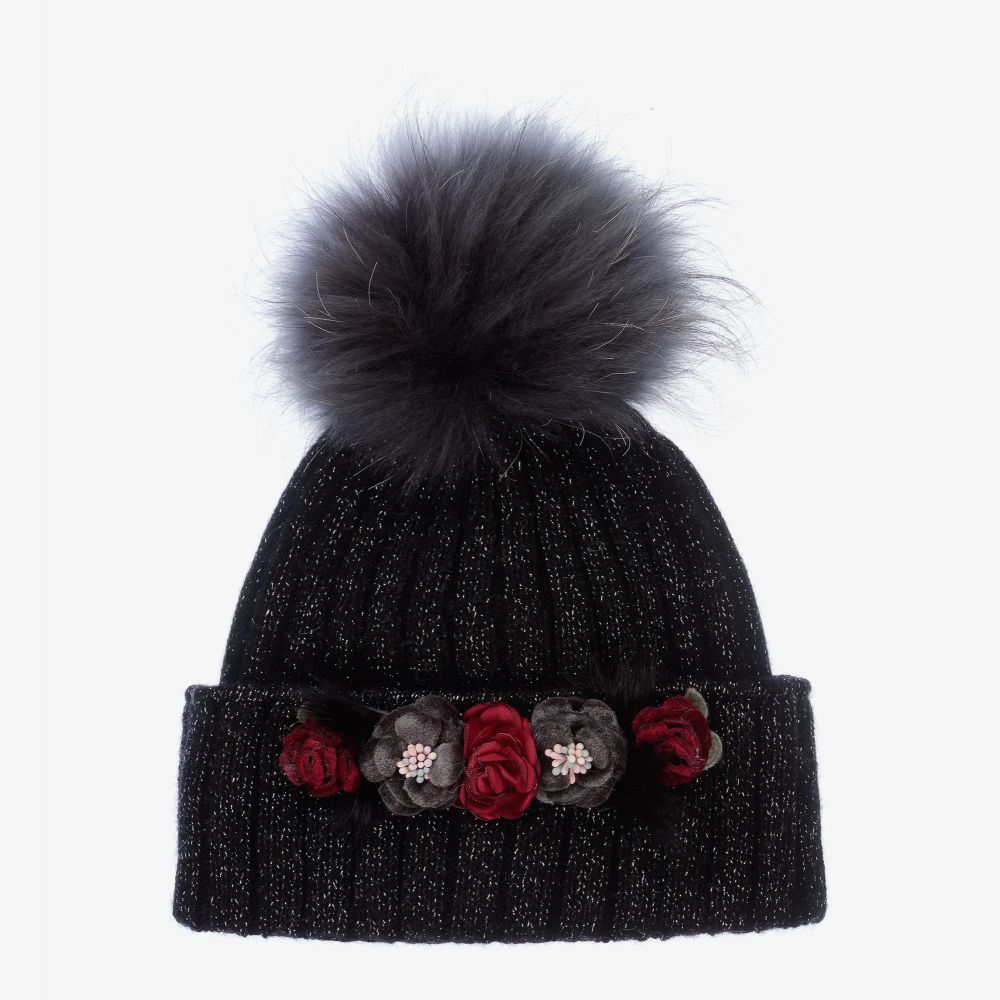 Jamiks - Black Knitted Wool Pom-Pom Hat | Childrensalon