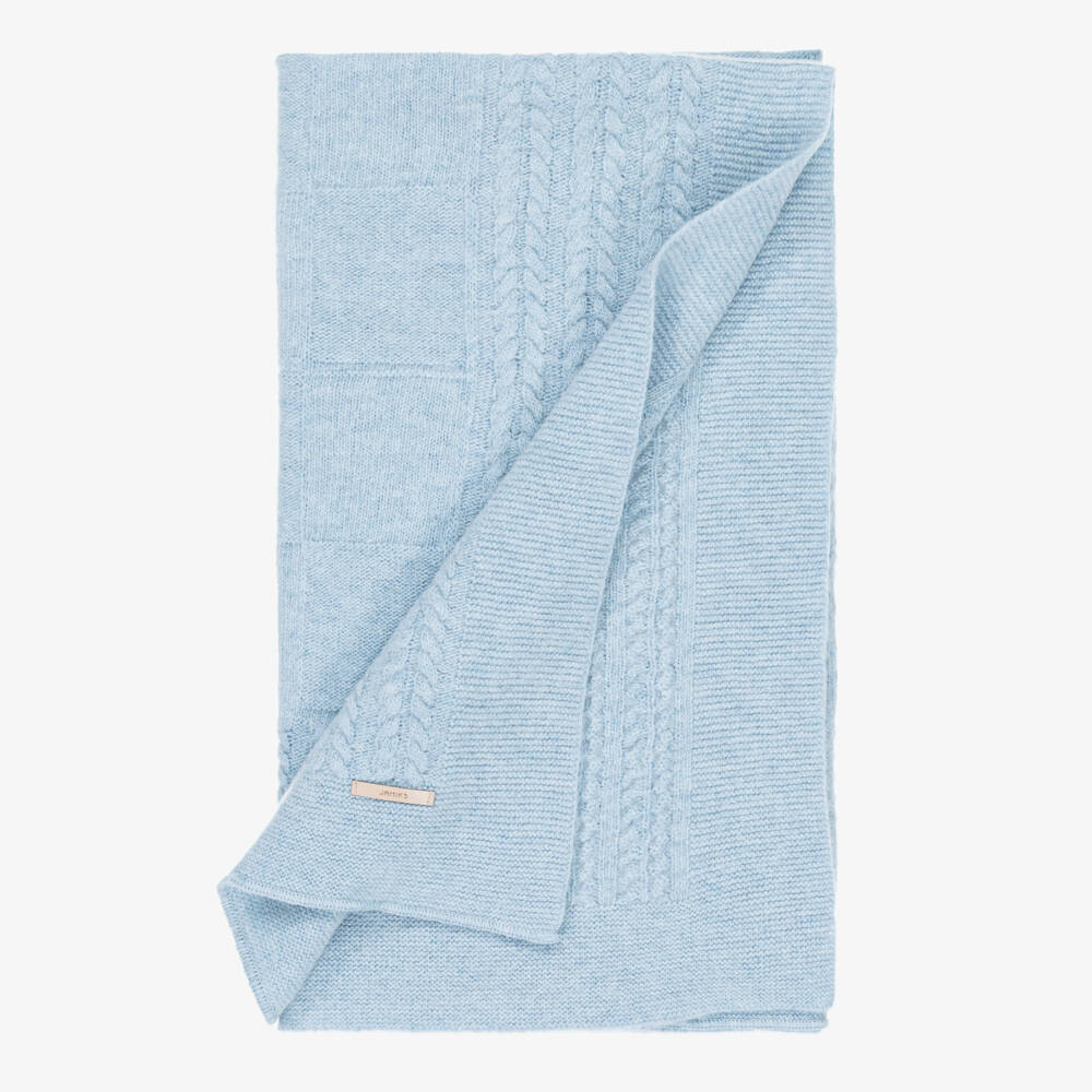 Jamiks-Blue Merino Wool Knitted Baby Blanket (100cm) | Childrensalon Outlet