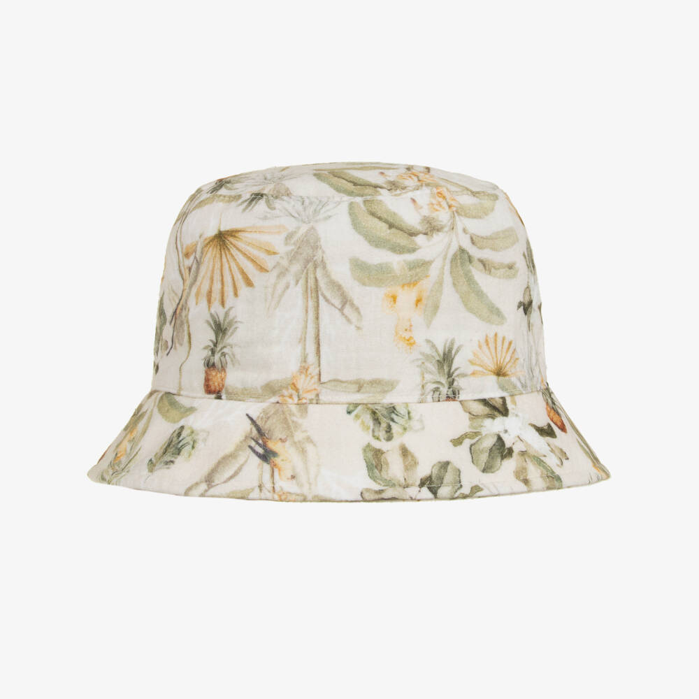 Jamiks-Boys Beige & Green Tropical Print Cotton Bucket Hat | Childrensalon Outlet