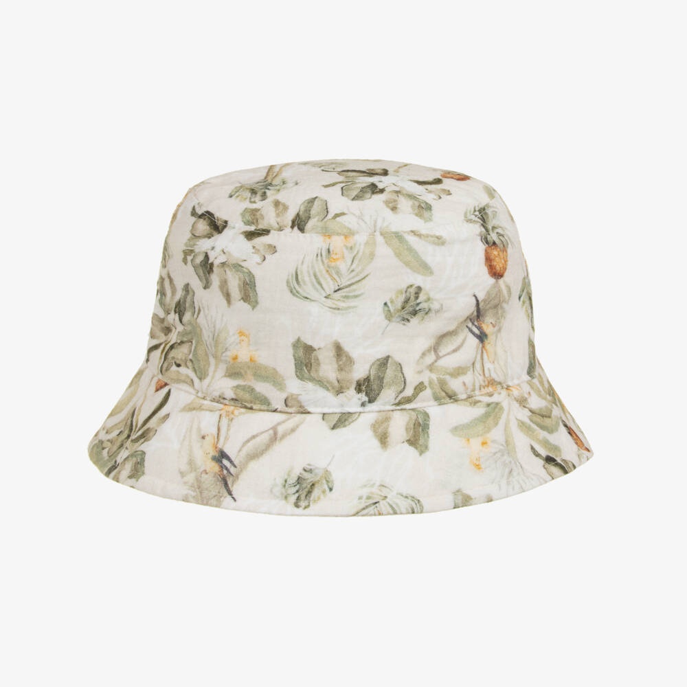 Jamiks-Boys Beige & Green Tropical Print Cotton Bucket Hat | Childrensalon Outlet