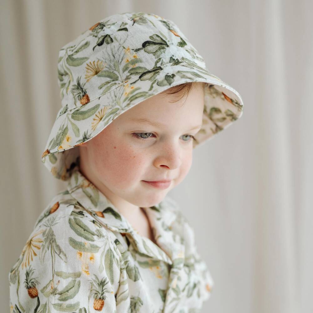 Jamiks-Boys Beige & Green Tropical Print Cotton Bucket Hat | Childrensalon Outlet