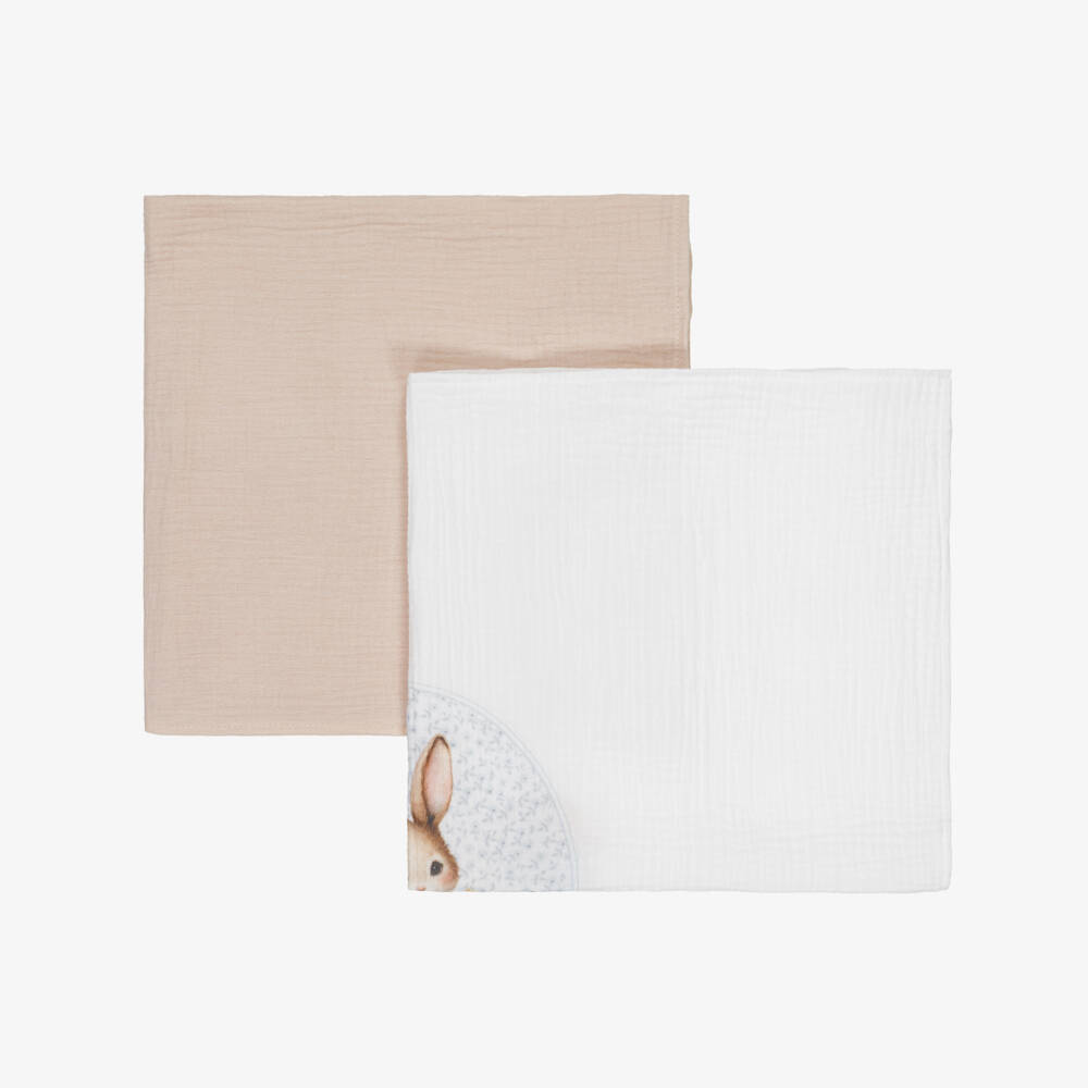 Jamiks-Boys Beige Organic Cotton Bunny Muslin Cloths (2 Pack) | Childrensalon Outlet
