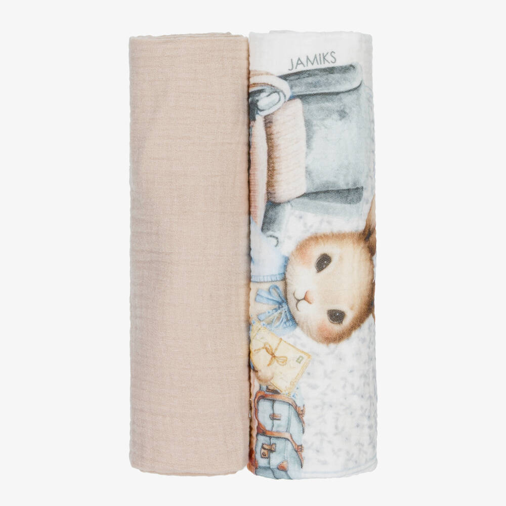 Jamiks-Boys Beige Organic Cotton Bunny Muslin Cloths (2 Pack) | Childrensalon Outlet