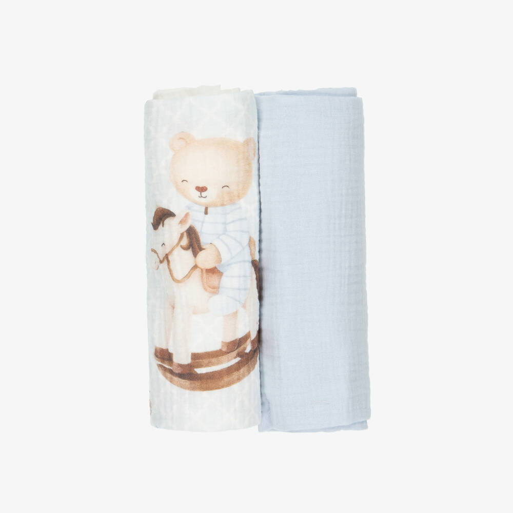 Jamiks-Boys Blue Cotton Rocking Horse Muslin Cloths (2 Pack) | Childrensalon Outlet