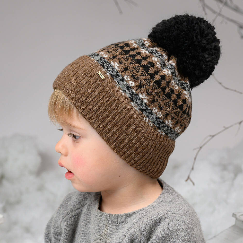 Jamiks Boys Brown Wool Fair Isle Pom Pom Hat Childrensalon Outlet