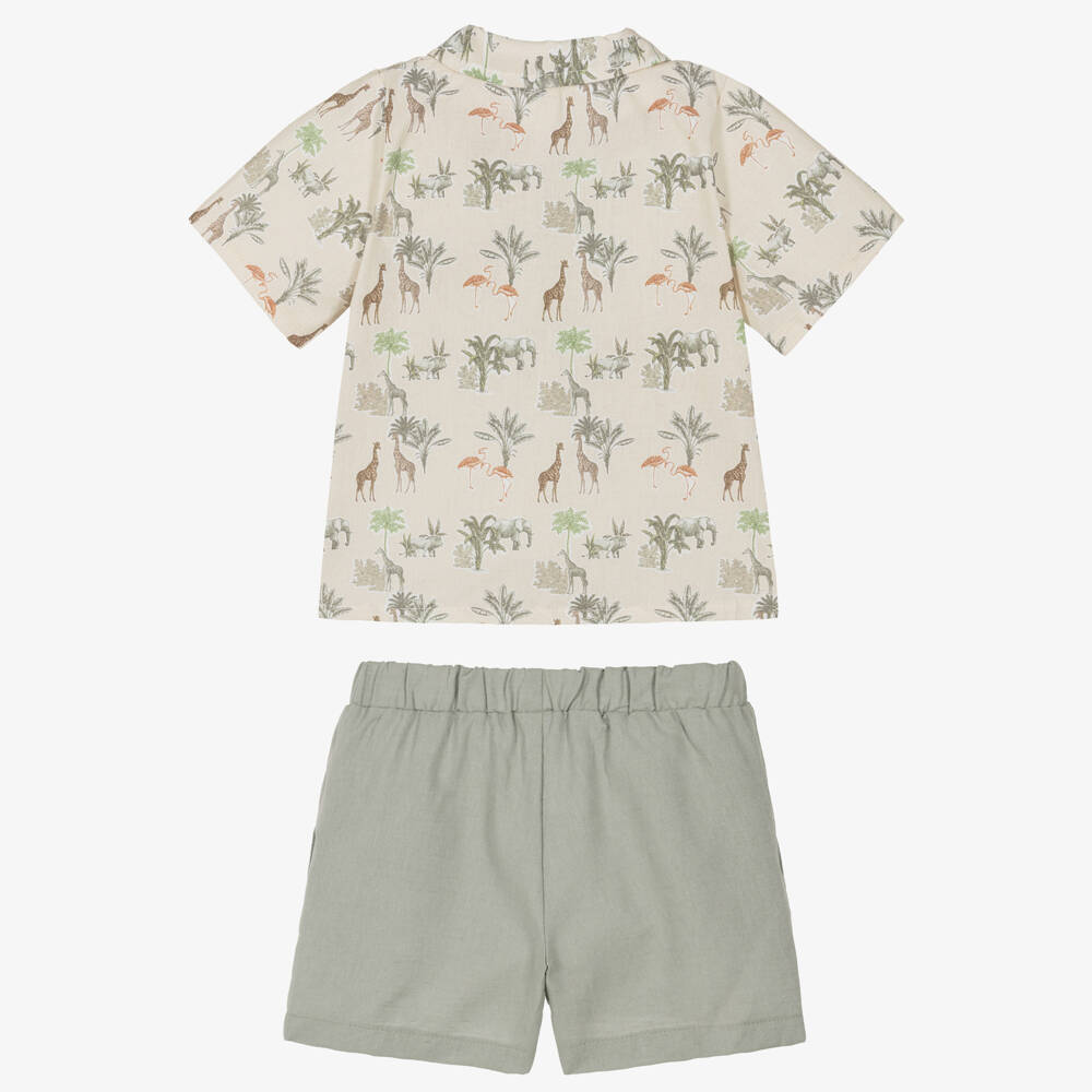 Jamiks-Boys Green Cotton & Linen Safari Print Shorts Set | Childrensalon Outlet