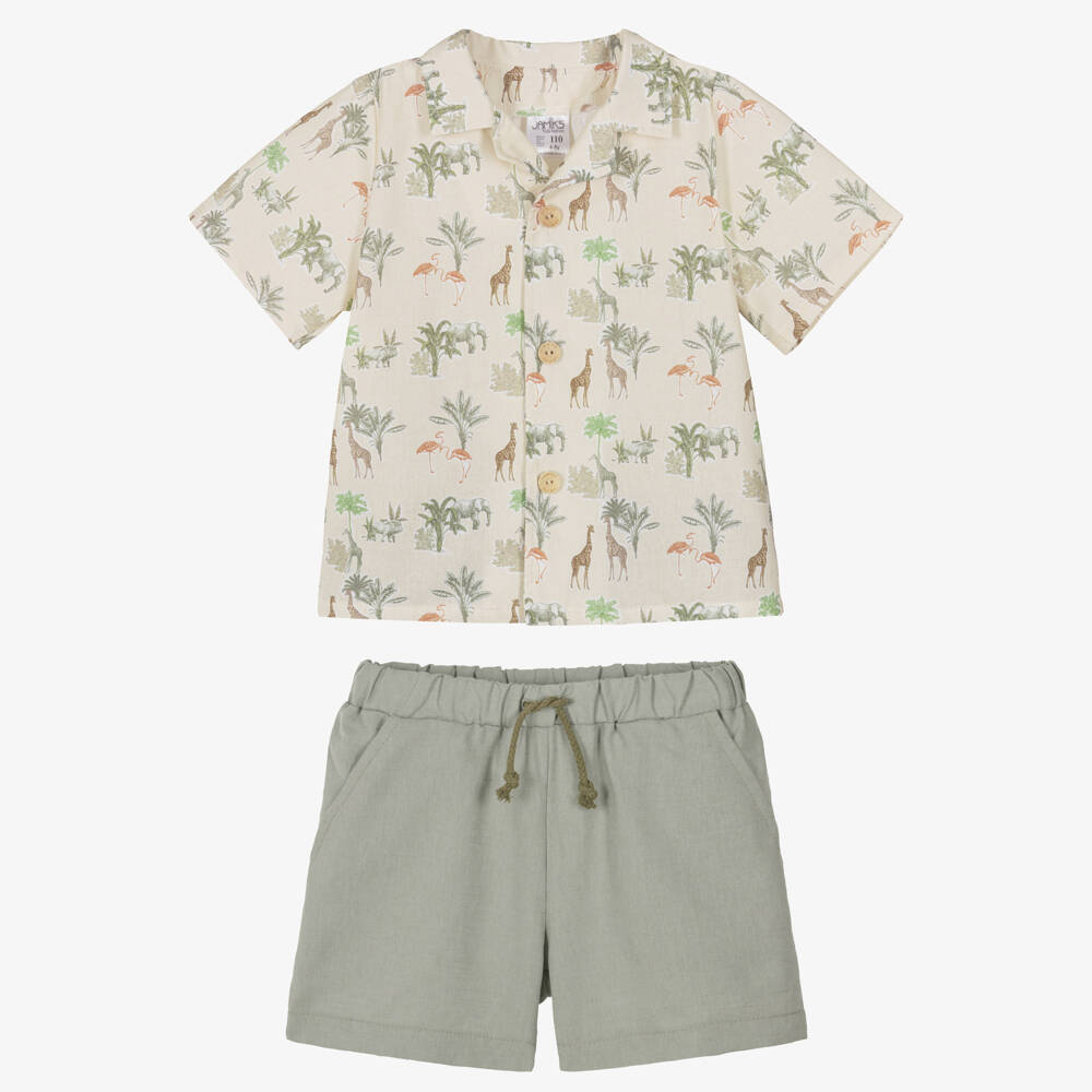 Jamiks-Boys Green Cotton & Linen Safari Print Shorts Set | Childrensalon Outlet