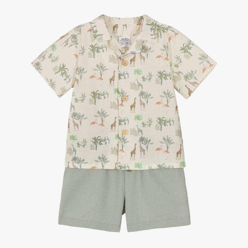 Jamiks-Boys Green Cotton & Linen Safari Print Shorts Set | Childrensalon Outlet