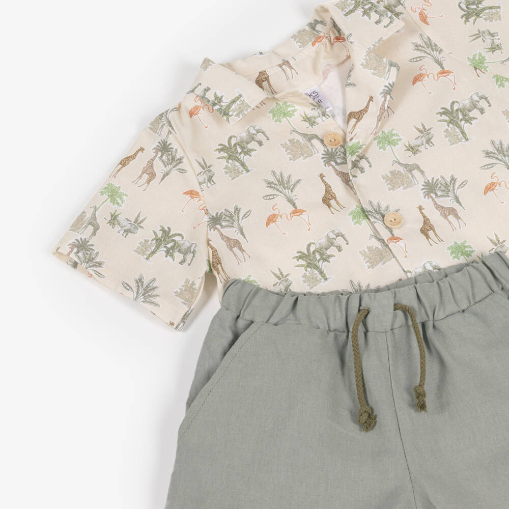 Jamiks-Boys Green Cotton & Linen Safari Print Shorts Set | Childrensalon Outlet
