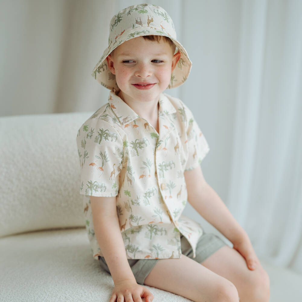 Jamiks-Boys Green Cotton & Linen Safari Print Shorts Set | Childrensalon Outlet