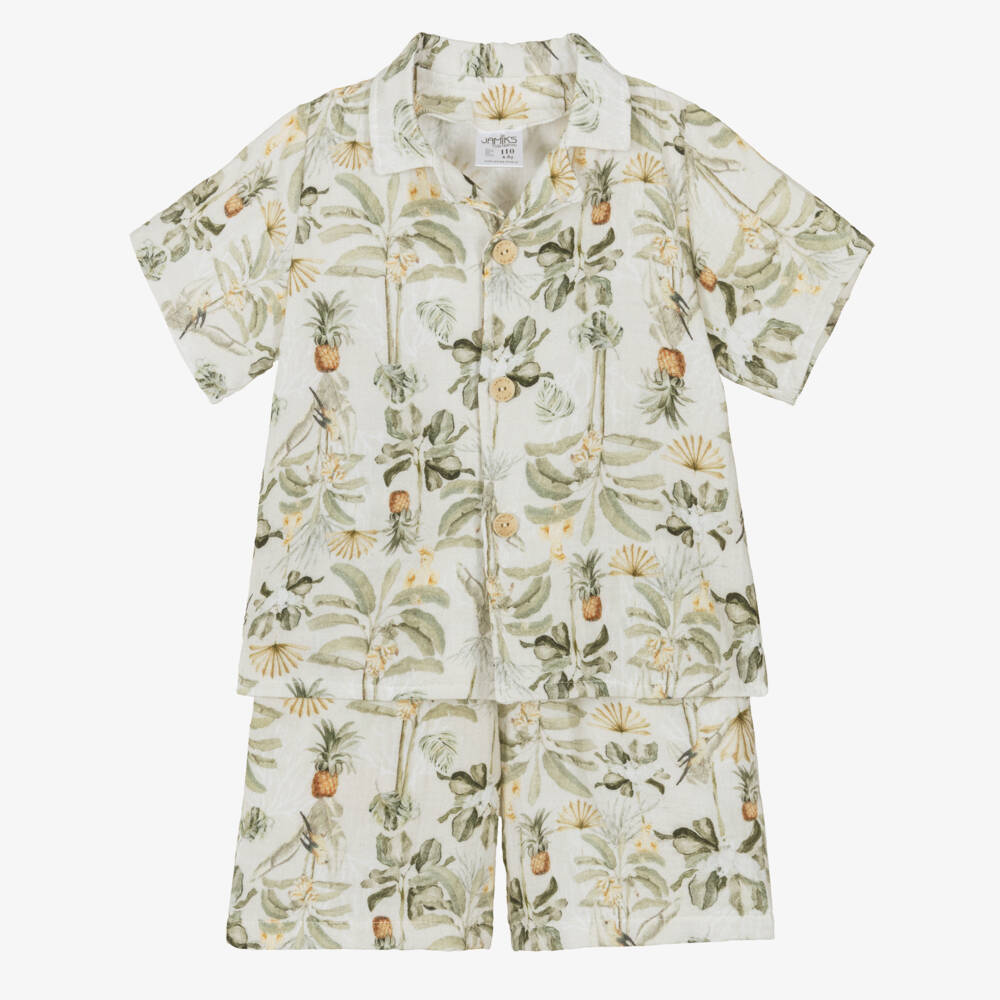 Jamiks-Boys Green Muslin Shorts Set with Tropical Print | Childrensalon Outlet
