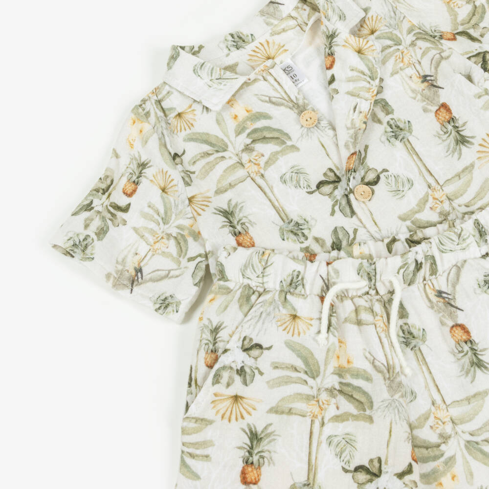 Jamiks-Boys Green Muslin Shorts Set with Tropical Print | Childrensalon Outlet