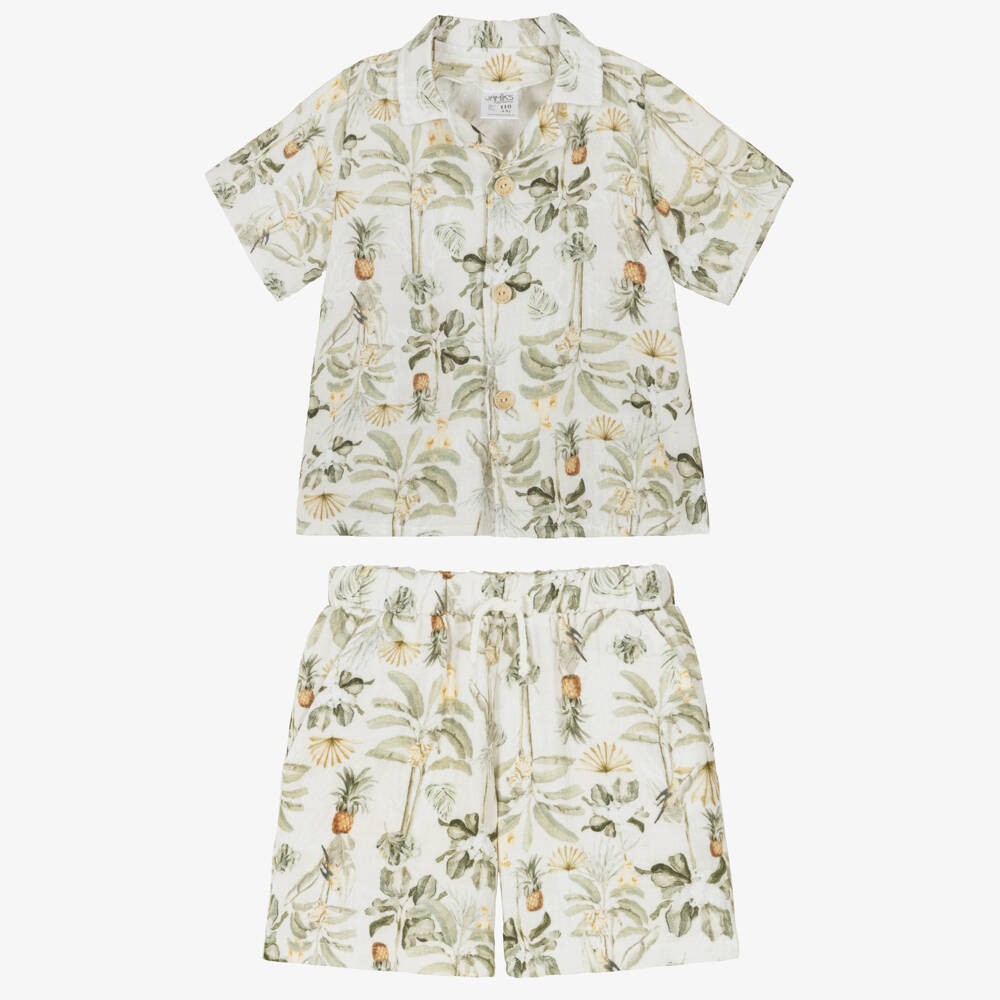 Jamiks-Boys Green Muslin Shorts Set with Tropical Print | Childrensalon Outlet