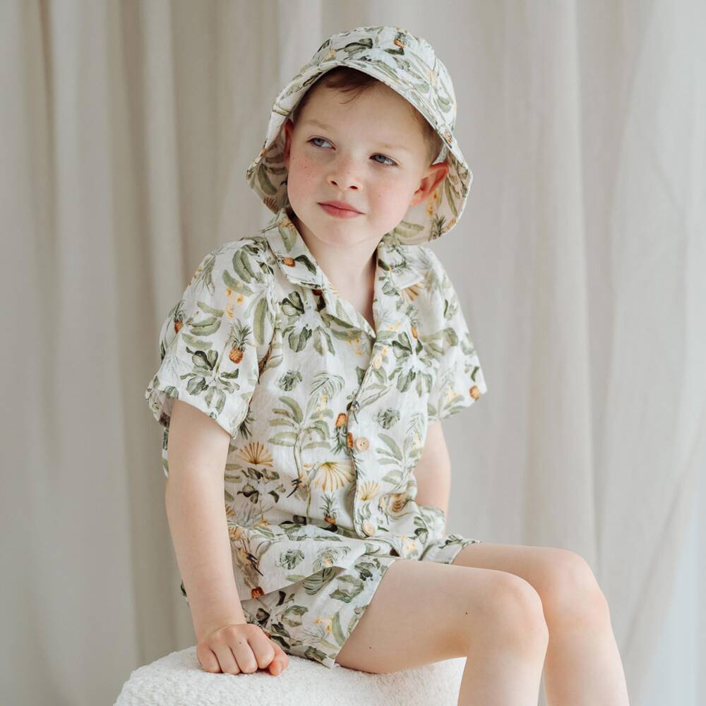 Jamiks-Boys Green Muslin Shorts Set with Tropical Print | Childrensalon Outlet