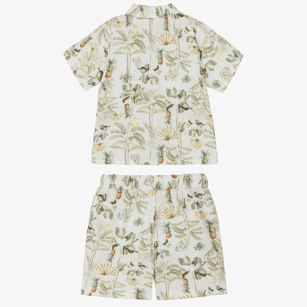 Jamiks-Boys Green Muslin Shorts Set with Tropical Print | Childrensalon Outlet