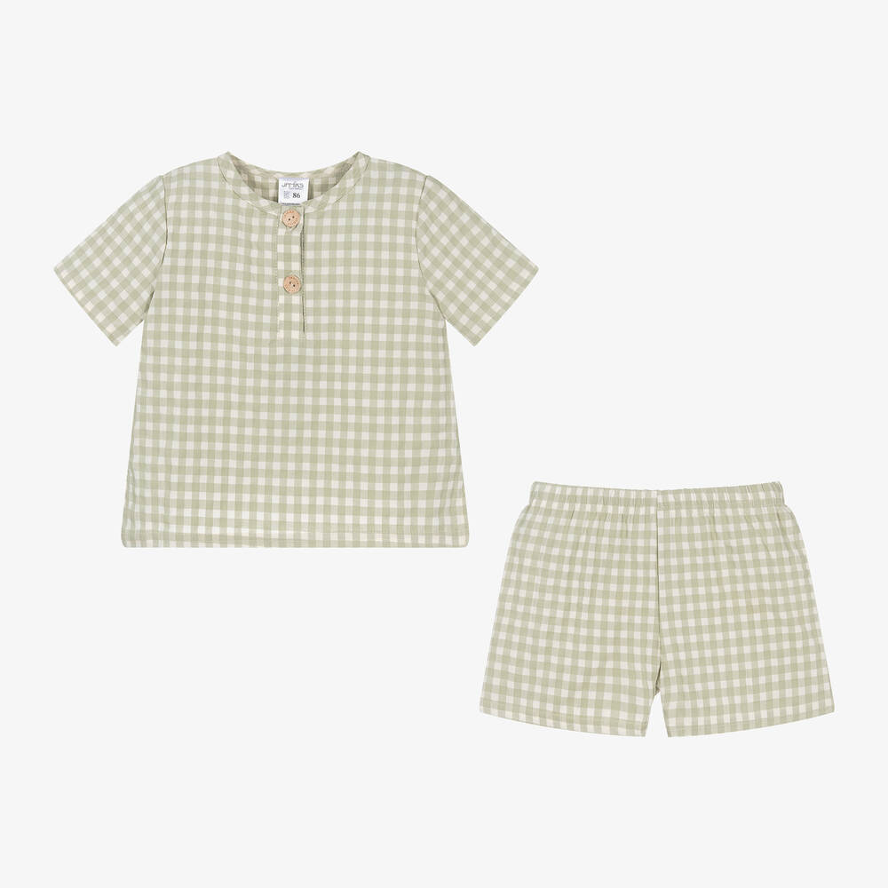 Jamiks-طقم شورت قطن عضوي كاروهات لون أخضر وعاجي | Childrensalon Outlet