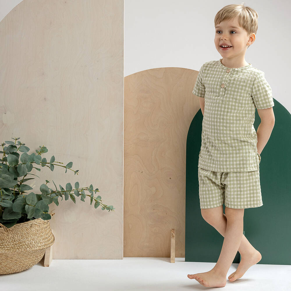 Jamiks-طقم شورت قطن عضوي كاروهات لون أخضر وعاجي | Childrensalon Outlet