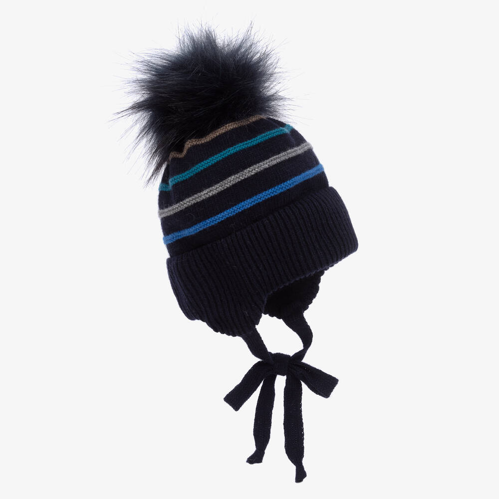 Jamiks - Boys Navy Blue Stripe Pom-Pom Hat | Childrensalon