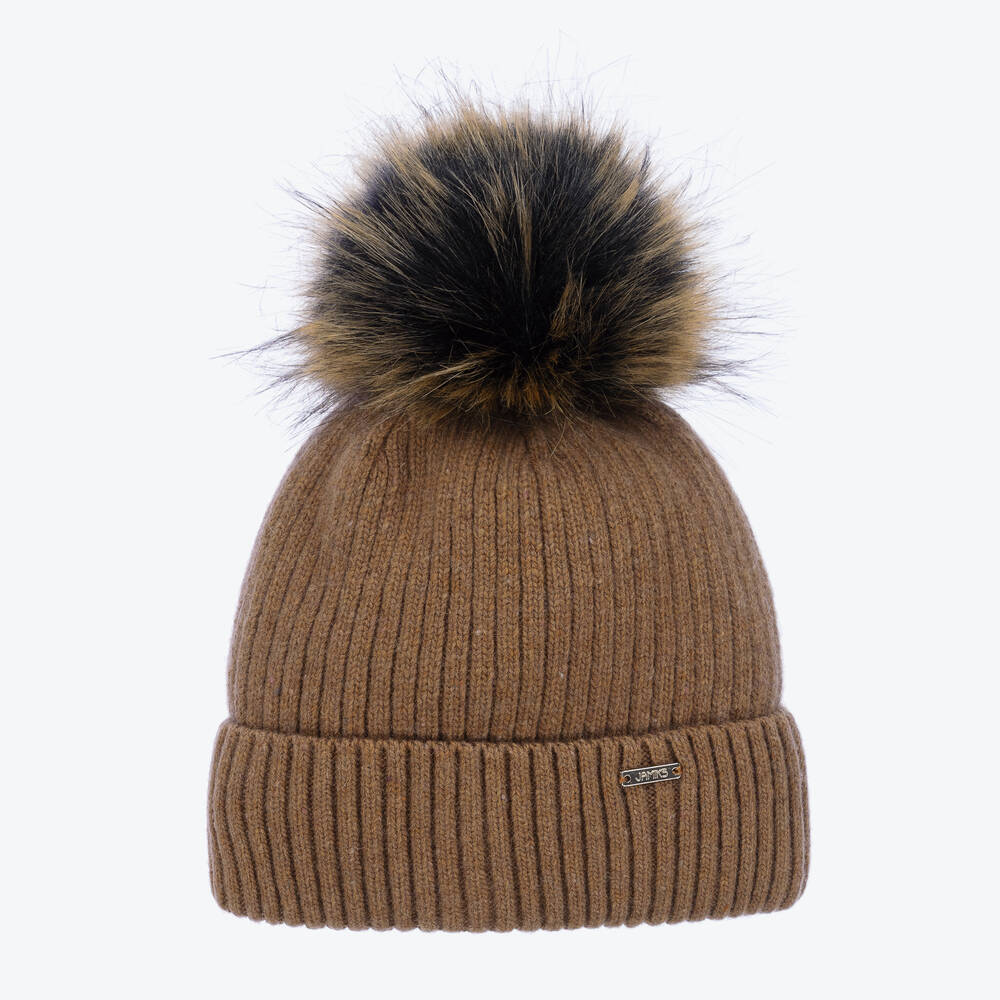 Jamiks - Brown Ribbed Wool Pom-Pom Hat | Childrensalon