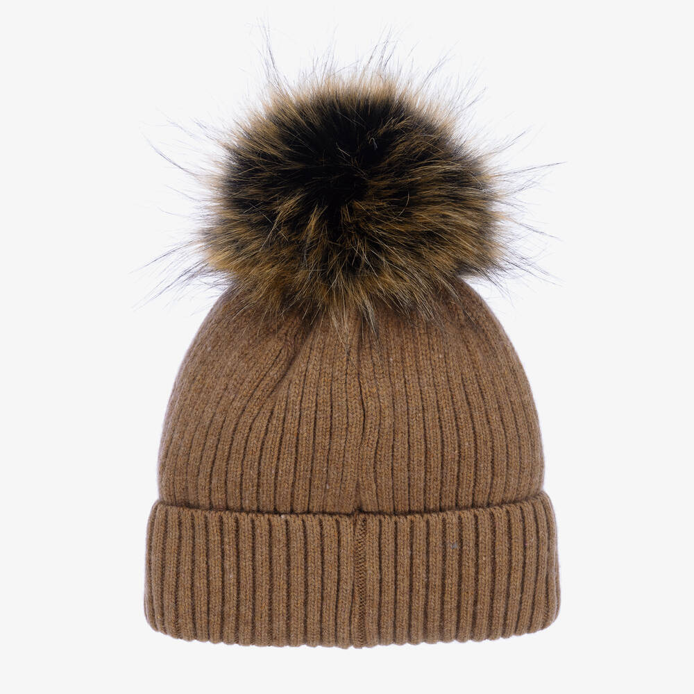 Jamiks-قبعة بوم-بوم صوف محبوك مضلّع لون بني | Childrensalon Outlet