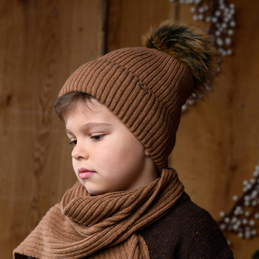 Jamiks-قبعة بوم-بوم صوف محبوك مضلّع لون بني | Childrensalon Outlet