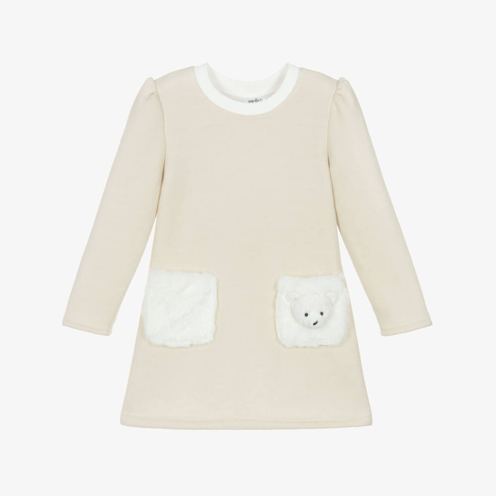 Jamiks-فستان بناتي بيج من القطن بجيوب على شكل دب | Childrensalon Outlet