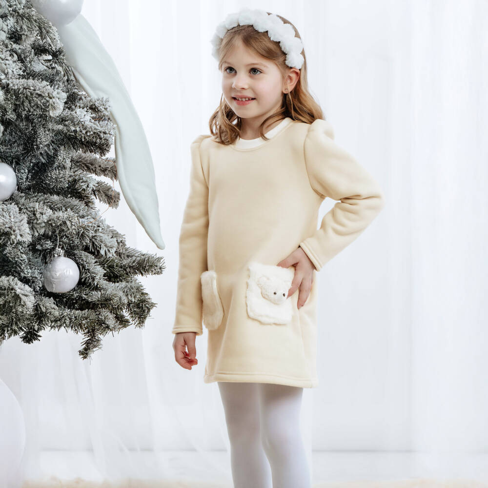 Jamiks-فستان بناتي بيج من القطن بجيوب على شكل دب | Childrensalon Outlet