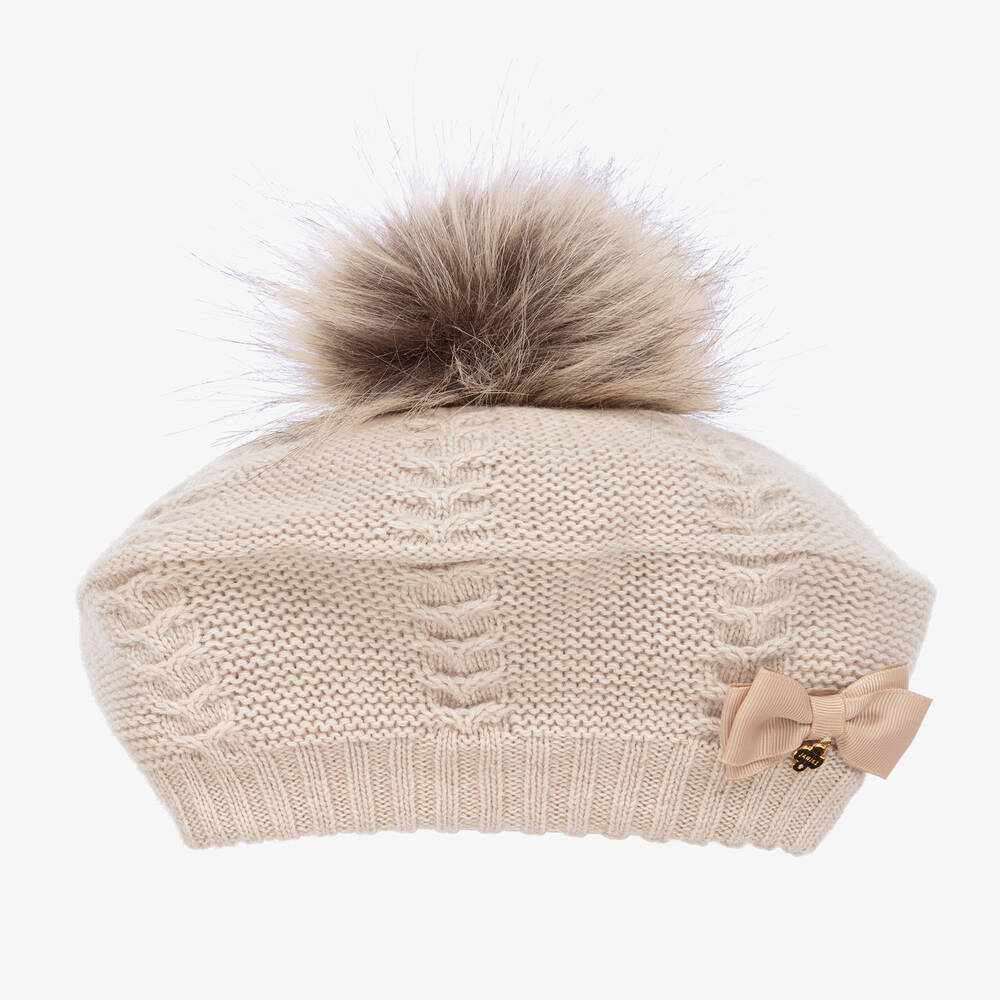 Jamiks-Girls Beige Faux Fur Pom-Pom Beret | Childrensalon Outlet