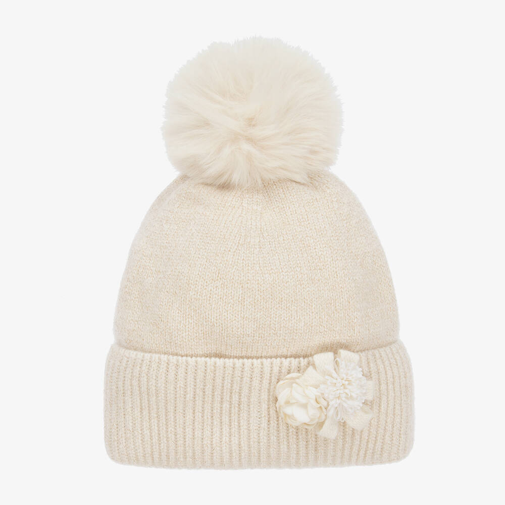 Jamiks - Girls Beige Flower Pom-Pom Hat | Childrensalon