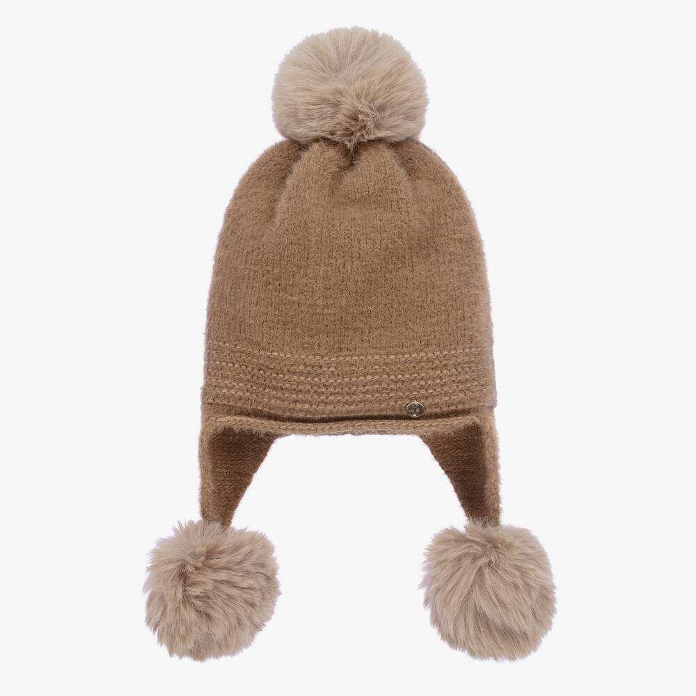 Jamiks - Girls Beige Knitted Pom-Pom Hat | Childrensalon