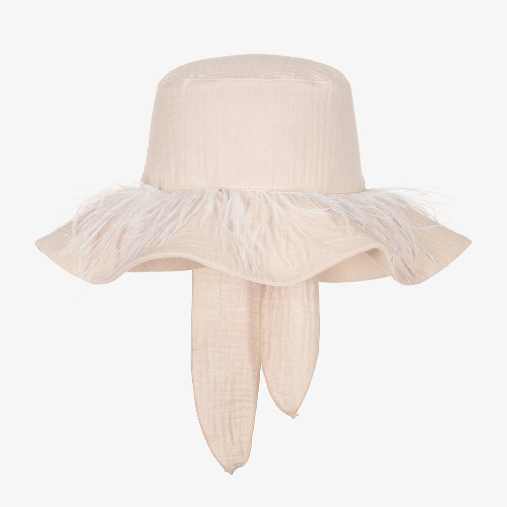 Jamiks - Girls Beige Organic Cotton Seersucker Hat | Childrensalon