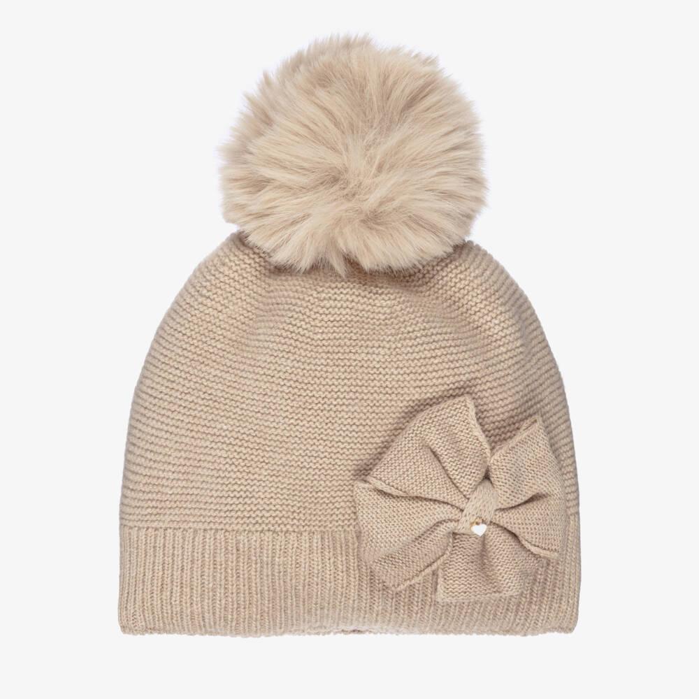 Jamiks-قبعة للبنات بلون البيج مع زينة بوم بوم وشرائط | Childrensalon Outlet