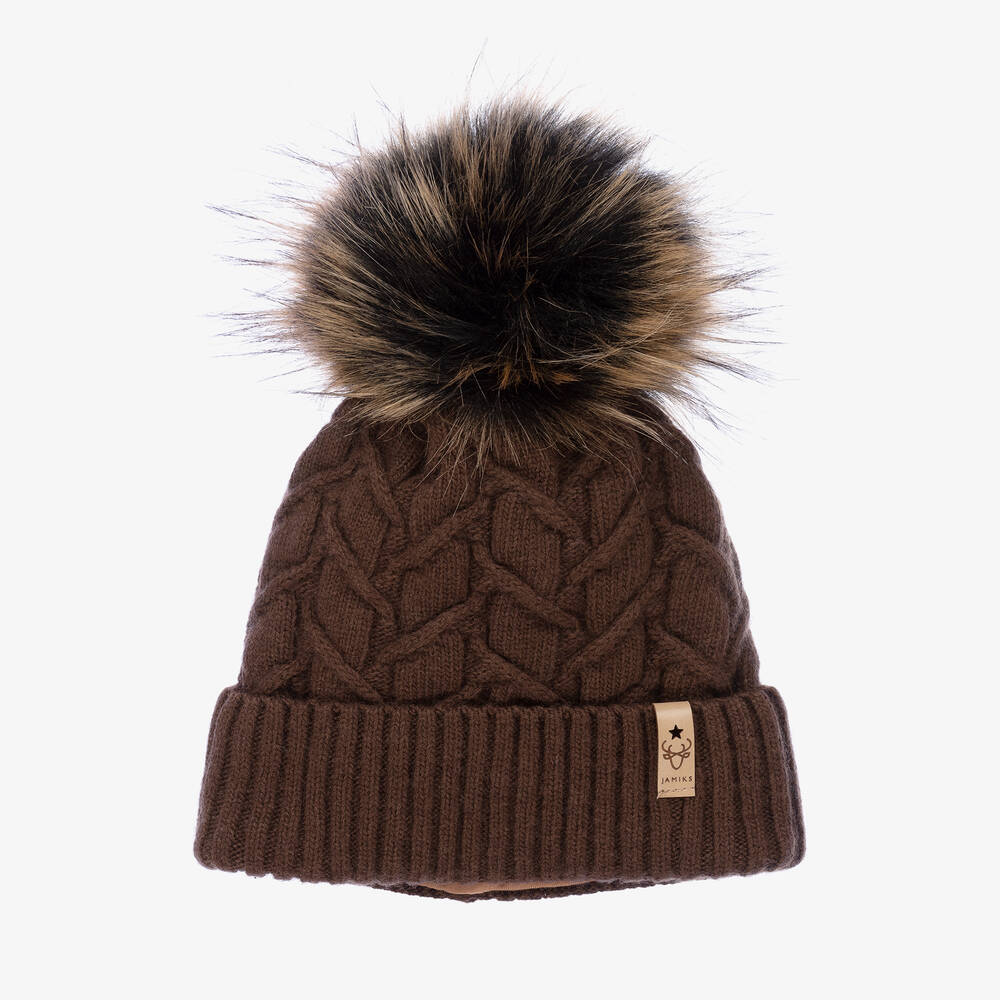 Jamiks - Girls Brown Pom-Pom Hat | Childrensalon