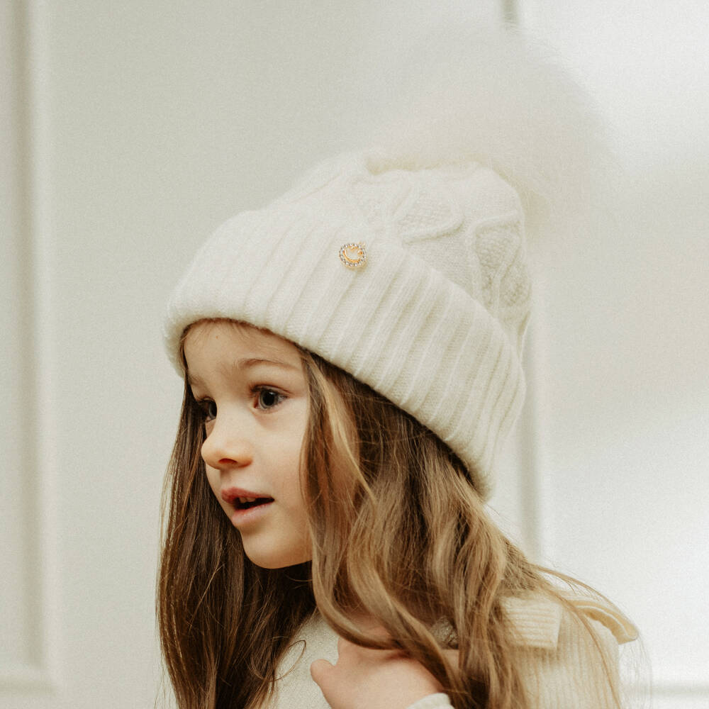 Jamiks-Girls Cream Wool Pom-Pom Beanie | Childrensalon Outlet