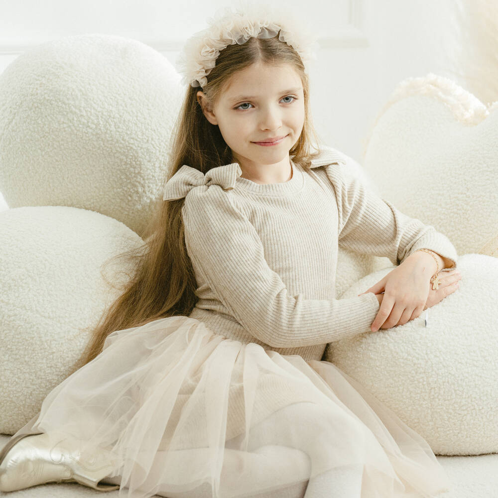 Jamiks-Girls Ecru Ribbed Dress with Tulle | Childrensalon Outlet