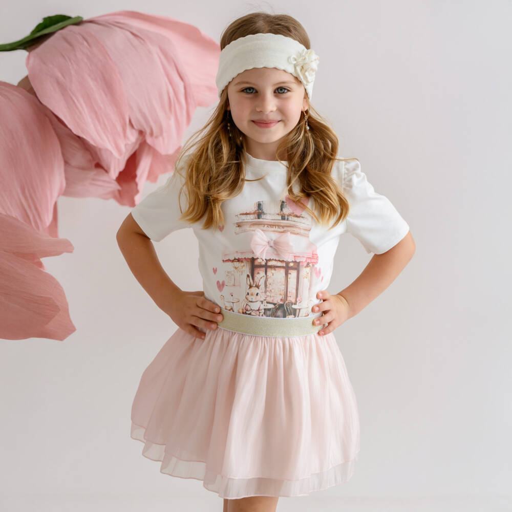 Jamiks-Girls Elegant Ivory & Pink Skirt Ensemble | Childrensalon Outlet