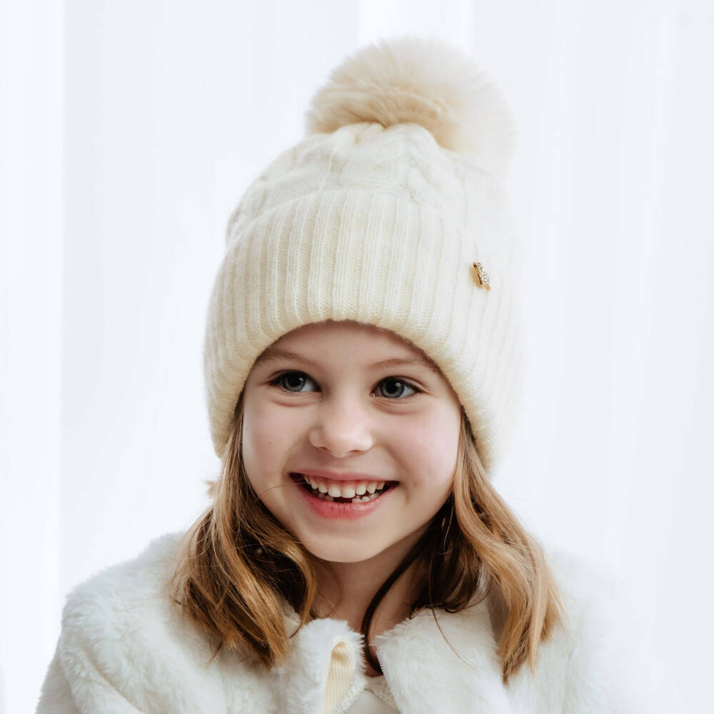 Jamiks-Кремовая вязаная шапка с помпоном для девочек | Childrensalon Outlet