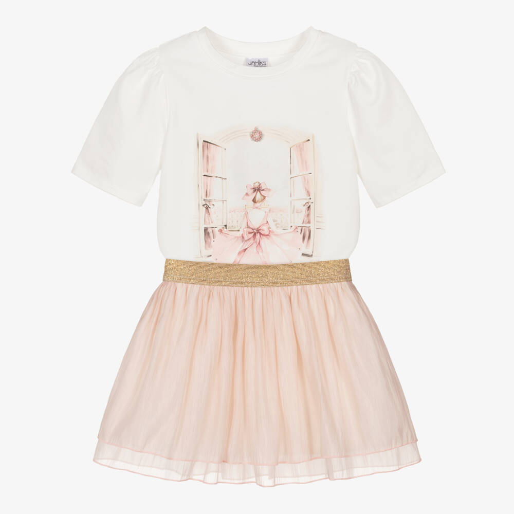 Jamiks-Girls Ivory Cotton Jersey & Pink Organza Skirt Set | Childrensalon Outlet