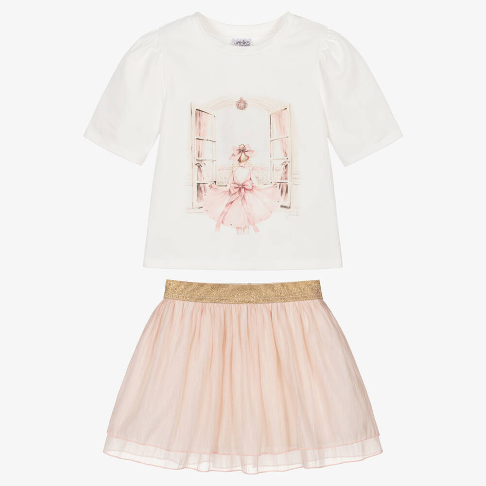 Jamiks-Girls Ivory Cotton Jersey & Pink Organza Skirt Set | Childrensalon Outlet