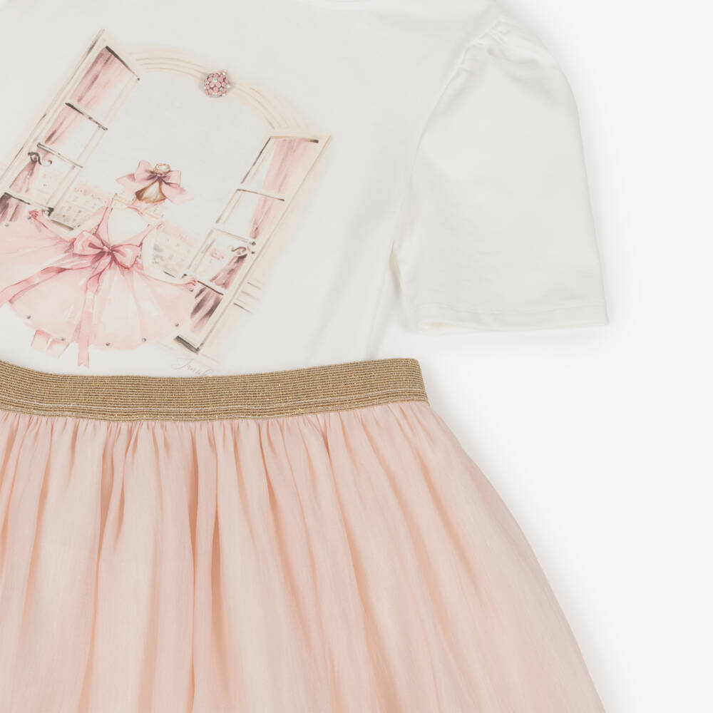 Jamiks-Girls Ivory Cotton Jersey & Pink Organza Skirt Set | Childrensalon Outlet