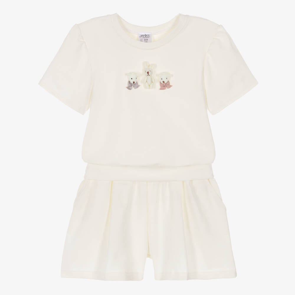 Jamiks-Girls Ivory Cotton Jersey Shorts Set with 3D Rabbit & Teddies | Childrensalon Outlet