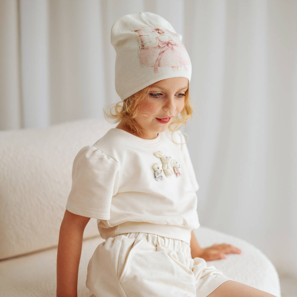 Jamiks-Girls Ivory Cotton Jersey Shorts Set with 3D Rabbit & Teddies | Childrensalon Outlet