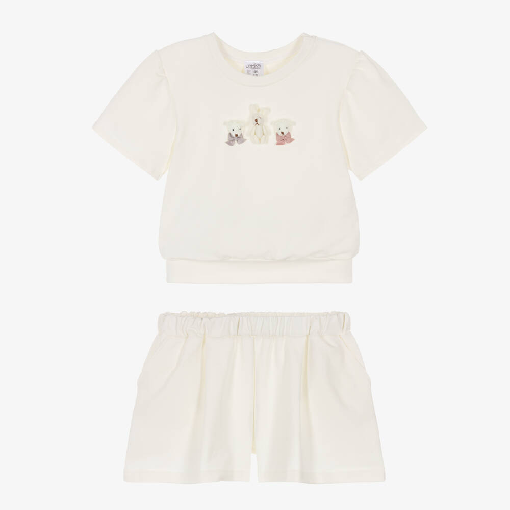 Jamiks-Girls Ivory Cotton Jersey Shorts Set with 3D Rabbit & Teddies | Childrensalon Outlet