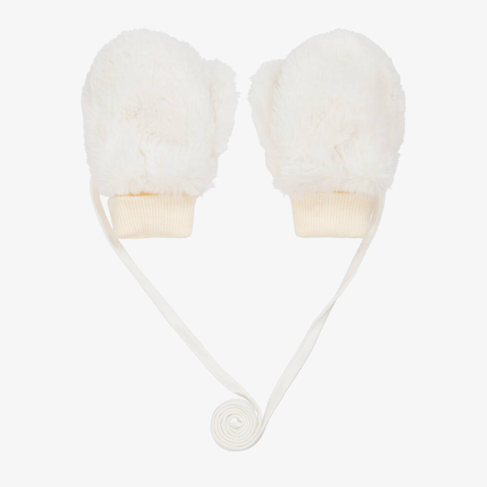 Jamiks-Girls Ivory Faux Fur Mittens with Attached Ties | Childrensalon Outlet