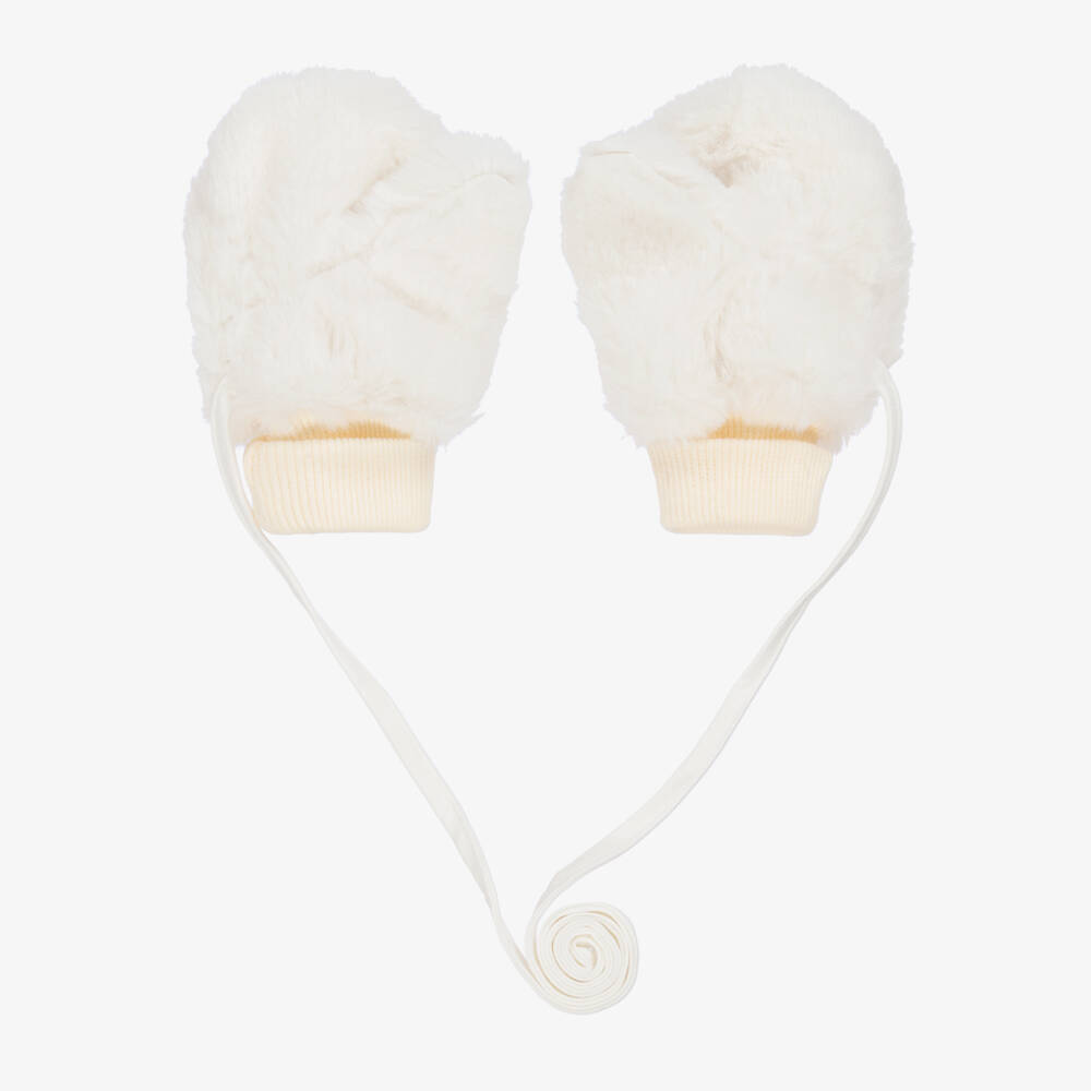 Jamiks-Girls Ivory Faux Fur Mittens with Attached Ties | Childrensalon Outlet
