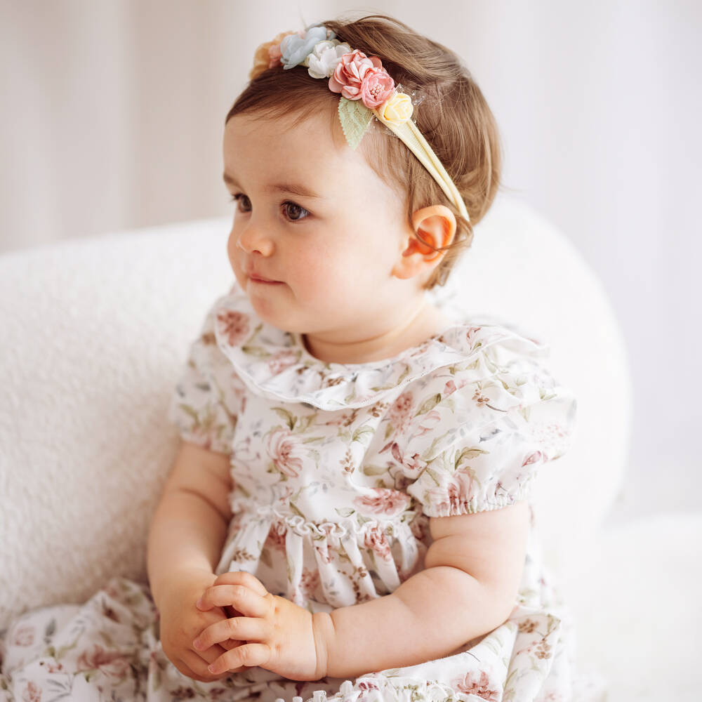Jamiks-Girls Ivory Floral Print Cotton Dress | Childrensalon Outlet