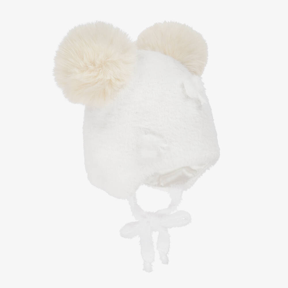 Jamiks-Girls Ivory Fluffy Knit Bow Hat with Faux Fur Pom-Poms | Childrensalon Outlet