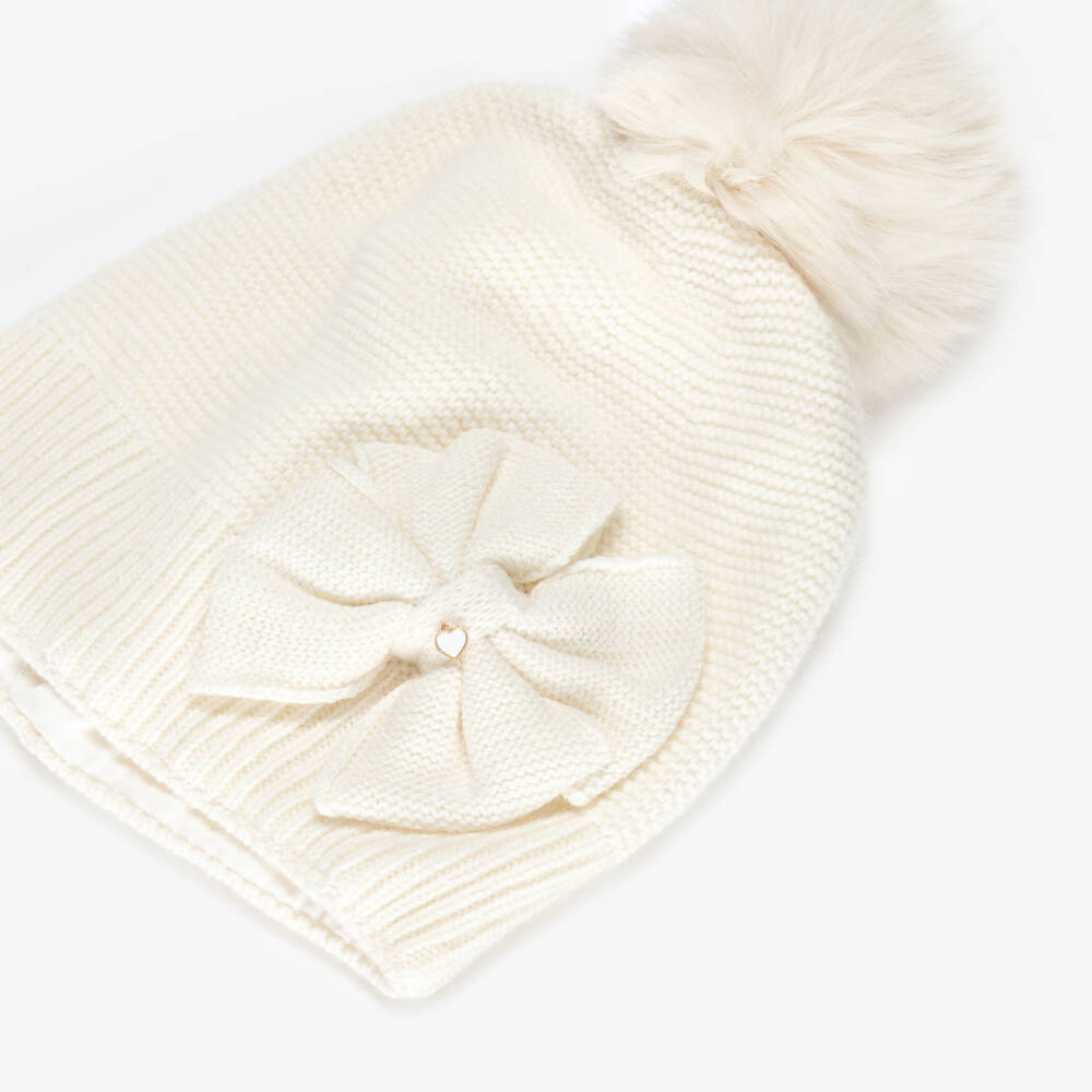 Jamiks-Girls Ivory Knitted Hat with Bow & Pom-Pom | Childrensalon Outlet