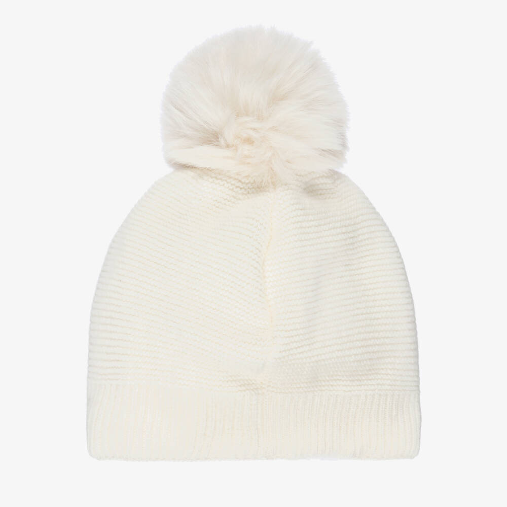Jamiks-Girls Ivory Knitted Hat with Bow & Pom-Pom | Childrensalon Outlet