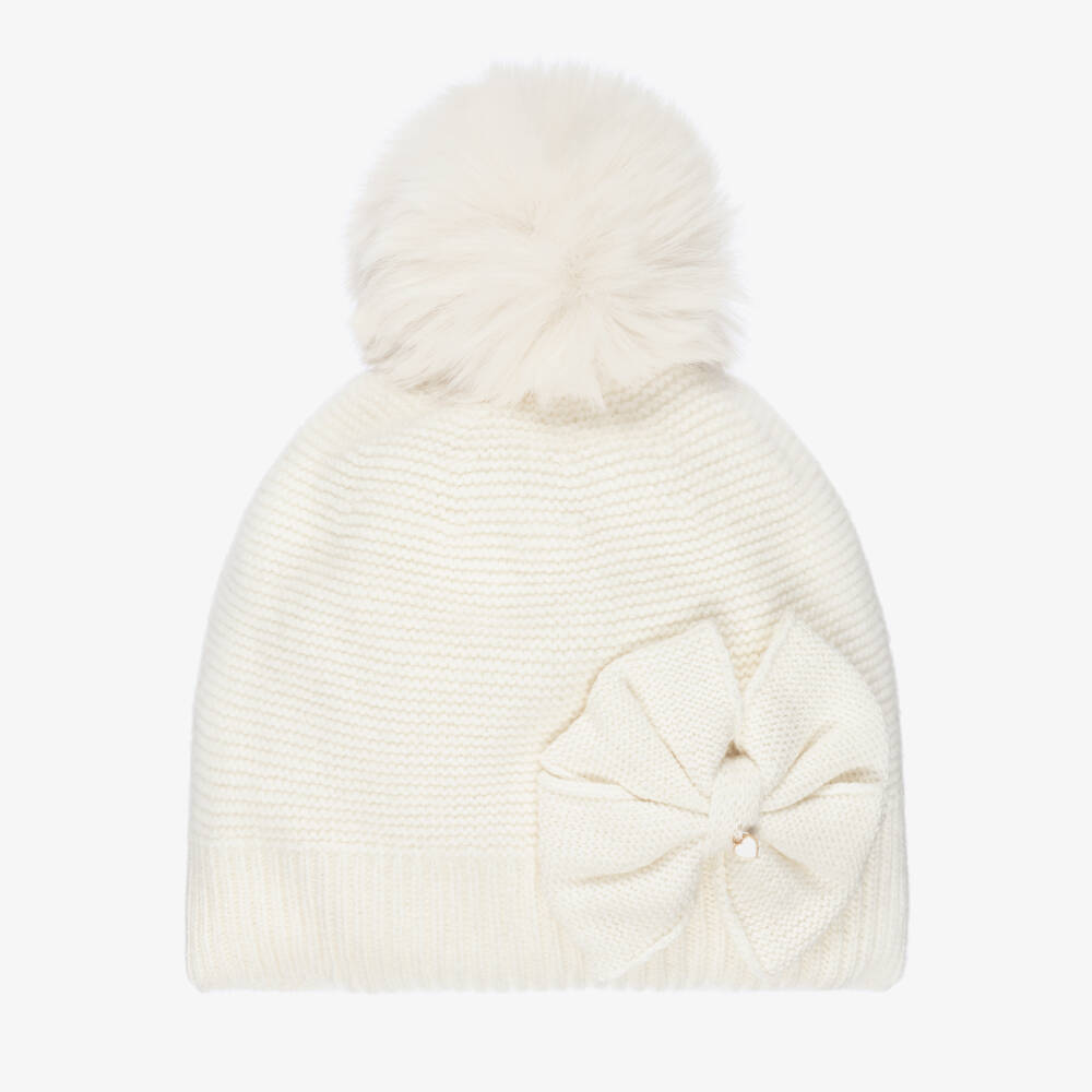 Jamiks-Girls Ivory Knitted Hat with Bow & Pom-Pom | Childrensalon Outlet
